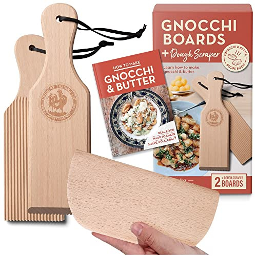 Gnocchi Board and Butter Paddles Kit with Recipe Book | Pasta Maker Gift for Cooks | Be an Expert Butter Churner and Gnocchi Maker with this Wooden Pasta Tools Set