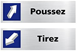 Signalétique.biz France - Lot de 2 Plaques de portes de porte Tirez/Poussez (Q0437) - 170 X 50 mm - Adhésif aspect aluminium brossér