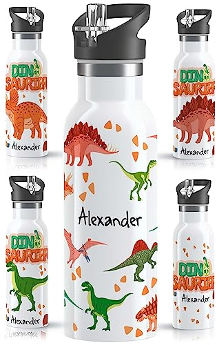 OWLBOOK® Kinder Edelstahl Trinkflasche mit Strohhalm 500 ml | Spülmaschinenfest & BPA Frei | Personalisierte Geschenke für Jungen Einschulung Geburtstag Schulanfang Weihnachten | Dinosaurier