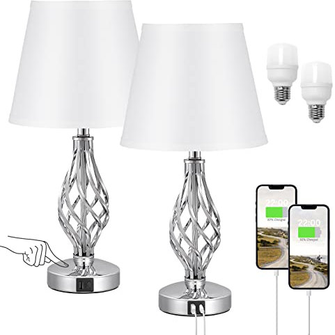 Kakanuo Nachttischlampe Touch Dimmbar 2er Set, Tischlampe mit USB A+Typ-C-Anschlüsse 2 Dimmbare LED-Glühbirnen, Weiß Lampenschirm Metallfuß, Nachtischlampen für Schlafzimmer Wohnzimmer Büro Hotel