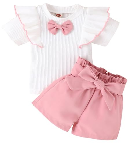 Winmany Tenue d'automne 2 pièces pour petites filles Ensemble d'hiver côtelé à manches longues et jupe plissée Chiffons blancs et roses (Manches courtes + Shorts, 1-2Y)