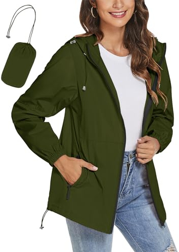 TCOT Women's Raincoats Lightweight Compact Windbreaker Jacket Waterproof Hooded Rain Jackets Active Anorak Army Green XL