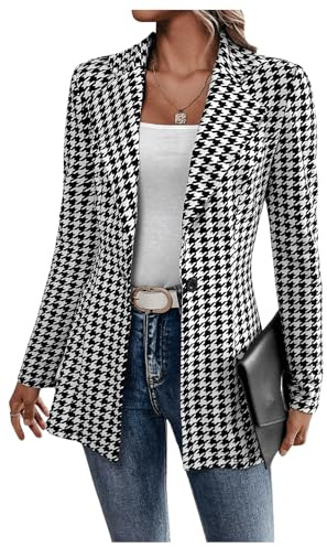 GORGLITTER Women's Houndstooth Long Sleeve Button Blazer Jackets Trendy Open Front Casual Business Work Office Blazers Black and White Large