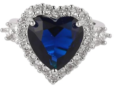 IMINI Bague en forme de cœur avec diamant bleu pour femmes et filles - Bague de fiançailles - Bague réglable et élégante - Cadeau de bijoux