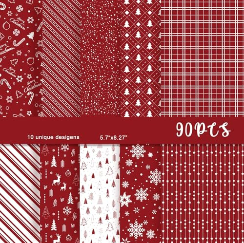 MIAHART Juego de 90 hojas de papel con motivos navideños, 10 diseños, tamaño A5, papel decorativo para manualidades, para hacer tarjetas, álbumes de recortes (Rojo y blanco, A5-90)