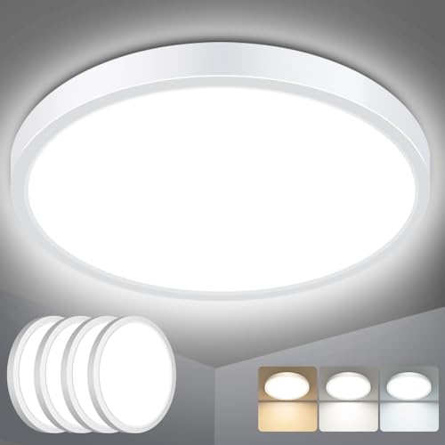 slochi 4 Pack Bathroom Light, 3000K/4000K/6500K 3 Color Temperature, Waterproof, Small, Round, Modern, 18W 2100LM Flush Ceiling Light for Bathroom, Kitchen, Bedroom, Hallway and More,Ø22CM