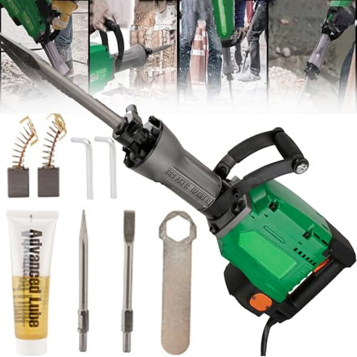 Electric Concrete Breaker 1500W Demolition Hammer - 1450 RPM with Point Chisel, Flat Chisel, and Heavy-Duty Wheeled Carry Case for Brick, Rock, and Road Maintenance