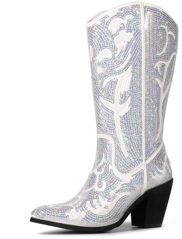 Hawkwell Bottes de cowboy western à paillettes pour femme - Longueur mi-mollet - À enfiler - Fermeture éclair - Bout pointu - Brodées