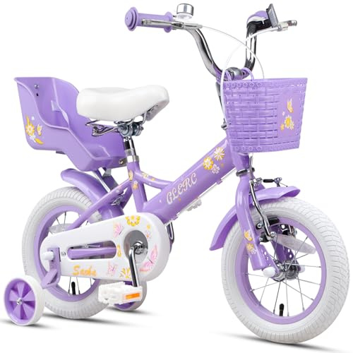 Glerc Bicicleta Infantil para Niñas 12 Pulgadas para Niños de 2 3 4 Años con Ruedines & Asiento de Muñeca & Cesta, Morado