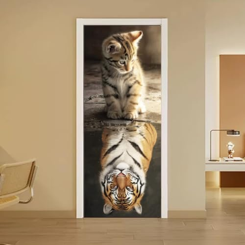 arricraft 2 hojas de pegatinas adhesivas para puerta con tema de animales, 80cmx200cm/31.5x78.7pulgadas Gato Tigre Reflejo de agua Murales de puerta adhesivas de PVC Papel pintado removible Decoración