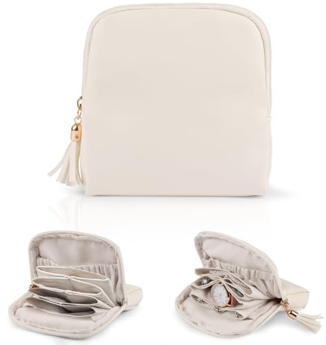 Adiwo Pochette Bijoux Portable Multifonction Beige, Pochette Bijoux Voyage, Boîte à Bijoux de Voyage avec Franges, pour le Sstockage Bracelets, Bagues, Colliers, Boucles d’Oreilles