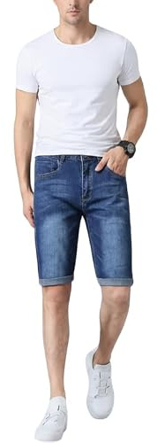 Mens Denim Stretch Shorts Slim Fit Cotton Elastane Short Jeans Zip Fly Button Casual Summer Holiday Designer Short Pants with Belt Loops Dark Blue 32W