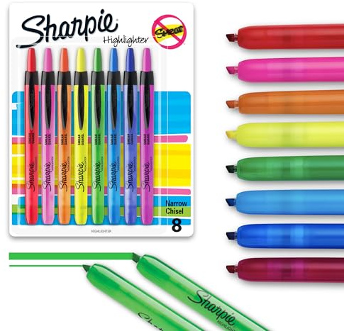 Sharpie Retractable Highlighters, Chisel Tip, Assorted Colors, 8 Count - Journaling, Classroom, Study Supplies