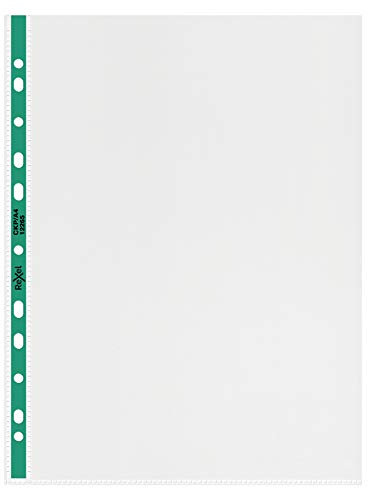 Rexel CKP Prospekthüllen (verstärkt, grüner Streifen, oben offen, Format A4) 100 Stück transparent
