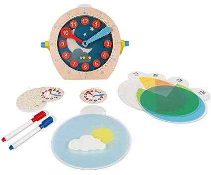 Janod - Essentiel - Uhrzeit lernen - Lernspiel aus Holz Babys und Kleinkinder - Zahlen und Mathematik lernen - 22 Zubehörteile im Lieferumfang enthalten - Wasserfarbe -Ab 5 Jahren, J05076