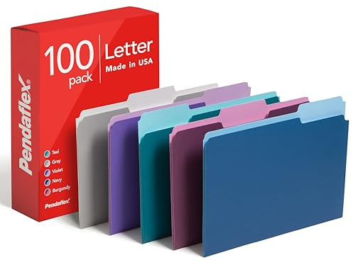 Pendaflex Two Tone Color File Folders, Letter Size, Assorted Colors (Teal, Violet, Gray, Navy and Burgundy), 1/3-Cut Tabs, 5 Color, 100/Box, (02315)