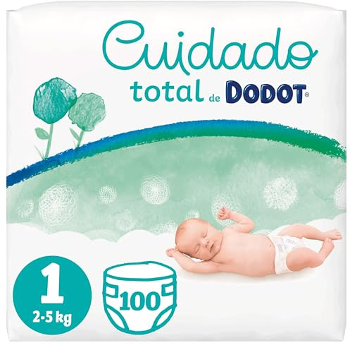 Dodot Pañales Bebé Cuidado Total Talla 1 (2-5 kg), 100 Pañales, Suave Protección de la Piel de Dodot con Ingredientes de Origen Vegetal