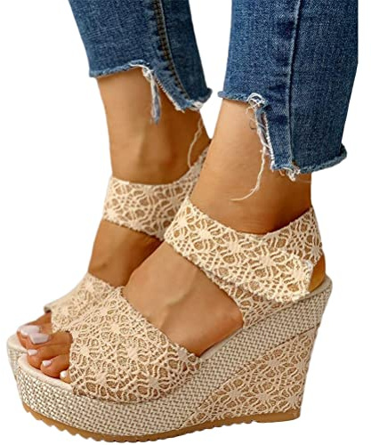 ORANDESIGNE Sandalen Damen Keilabsatz Römersandalen Espadrilles Plateau Sandaletten mit Polka Dots Punkte High Heels Elegant Sommerschuhe für Frauen Peeptoe Sandalen E Beige 37 EU