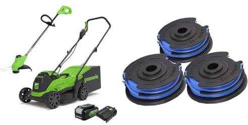 Greenworks Tondeuse à Gazon électrique 24V 33cm 30L Bac, Coupe-Bordures 25cm tête d'alimentation Automatique avec 1 Batterie 4Ah et Chargeur & Bobine Double Fil 29187 pour Coupe-Herbe Greenworks 40 V