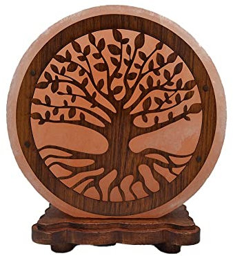 AROMASENSES | Lámpara de Sal del Himalaya | Base de Madera, Cable y Bombilla | lámpara de Sal Natural del Himalaya, Hecha a Mano, 10x20x22 cm | Ideal para Mesita de Noche y Oficina | ÁRBOL DE LA VIDA