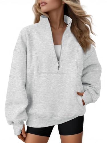 AUTOMET Womens Quarter Zip Oversized Sweatshirts Teen Fleece Pullover Hoodies 2025 Mock Neck Sweater Fall Workout Jacket Grey L