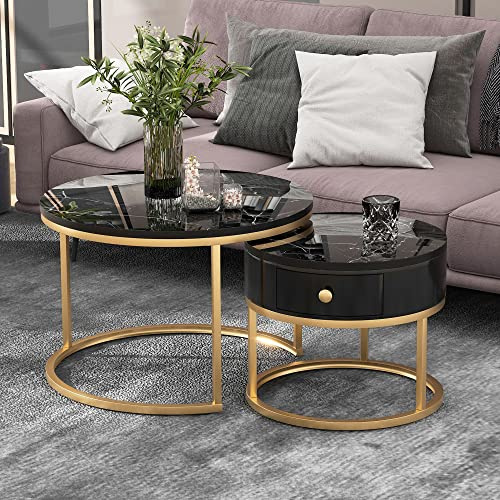 ModernLuxe 2-in-1 Coffee Table, Round Nest of Tables, Multi-functional Side Table with Storage Gold Metal Frame Legs and Marble Pattern White Top, Nesting Tables for Living Room Bedroom, Black