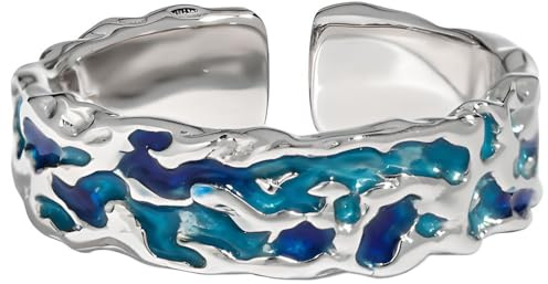NicoWerk Damen Silberring Blau aus 925 Sterling Silber Bandring Strukturiert Gemustert Glänzend Ausgefallen Emaille Mosaik Verstellbar SRI972
