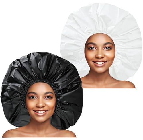 Super Jumbo Shower Cap 2 PCS Waterproof Shower Caps for Women, Extra Large Shower Cap, Reusable Super Large Bath Caps Hair Cap for Long Thick Curly Hair, Locs, Twist Braids - Black + White