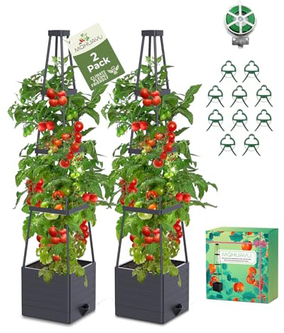 MQHUAYU 2-Pack Tomato Planter with Trellis, 57 Self-Watering Raised Garden Bed Planter Box, Tomato Cages for Indoor & Outdoor Climbing Plants, Vines, Vegetables, and Flowers (57x9.8x9.8IN)