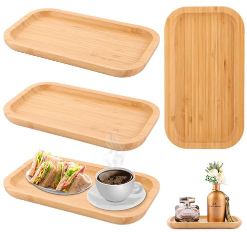 LDHHYH 4 Stück Holztablett, 25x14x2cm Bambus Tablett Serviertablett Holz, Serviertablett Holz Rechteckig, Küchentablett Tablett, Kleines Tablett für Untersetzer Tee Kaffee Kuchen