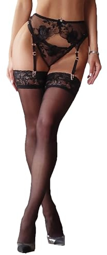 Ligueros Sexy Mujer Lenceria para Medias Altas Conjunto Lencería con Liguero de Cintura Alta Ligas de 4 Clips Metálico Ajustables Set Malla Transparente Tanga y Medias Incluidas en Negro