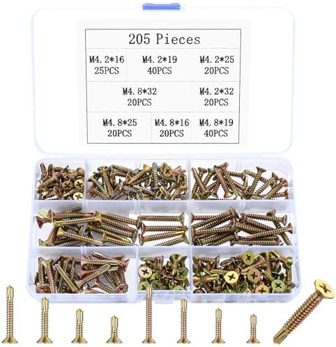 M4,2 M4,8 Bohrschrauben Selbstschneidende Schrauben Metall, 205 Stück Selbstbohrende Schrauben Set für Edelstahl Blechschrauben Senkkopfschrauben, Kreuzschlitzschraube Flachkopfschrauben