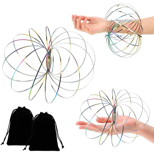 TenaLucy 2 Pièces Anneaux de Flux,Magic Flow Ring Jouets D’Anneaux D'Écoulement 3D,Jouet Enfants Multi Sensoriel en Inoxydable Anneau D'Écoulement de Bras À Ressorts Magique,avec 2 Sac Noir en Velours