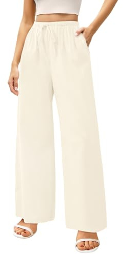 Zhiaek Pantalon Lin Femme Été Décontractés Pantalons Large Femme Fluide Mode Coton Lin Confortable Jogging Plage Rétro Pants Taille Elastique avec Poches Beige M