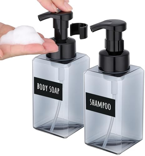 Segbeauty Dispensador Jabon Baño, 2 Piezas 450ml Dispensador Espuma, Botella para Espuma, en Plástico, Dosificador Jabon con Etiquetas, Set de Baño (Gris)