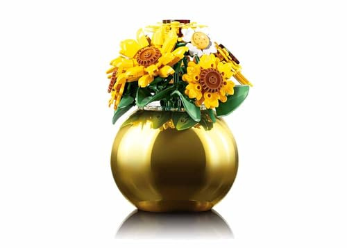 SLUBAN Ramo de Girasol Artificial con jarrón esférico Dorado, Flores Estilo Bloque de construcción, decoración del hogar, M38-P8062