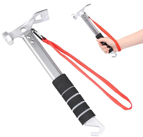 Camping Hammer Zelthammer mit Heringsauszieher Handschlaufe Robuster Zelt Hering Hammer für Zelt, Hartboden, Outdoor(Silber)
