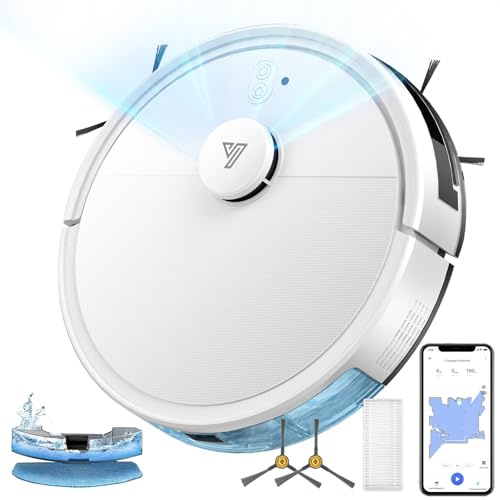 2 en 1 Robot Aspirateur Cartographie Jusqu'à 5000 Pa Navigation LiDAR | Automatique 120 Mins, Zone interdite, WiFi/App/Voix, Évitement Intelligent d'obstacles Idéal Pour les Poils d'animaux, Blanc