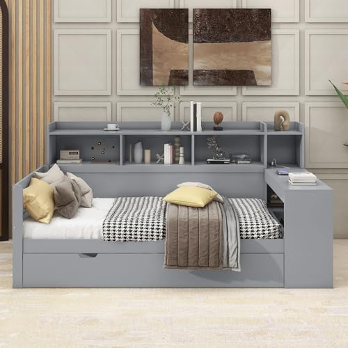Hmdpoo Cama Individual con Escritorio, 90 x 200 cm, Gris, Tablero de Partículas, con 2 Cajones, Almacenamiento, Mesa de Noche, 229.5 x 121.8 x 110 cm