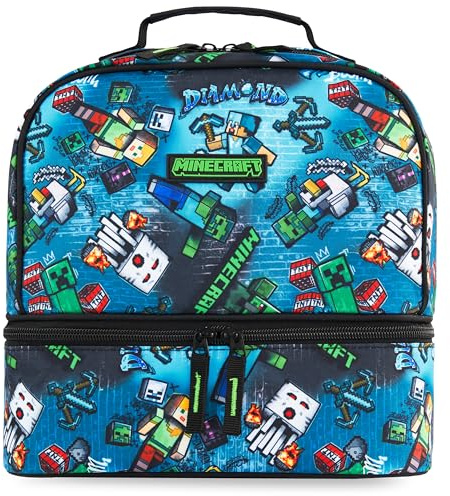 Get Trend Minecraft Kids Reusable Insulated Lunch Bag, Lightweight Dual Compartment Cooler Bag with Handle, Fits Kids Lunch Box for School, Picnic, Creeper Gamer Gifts for Boys (Blue)