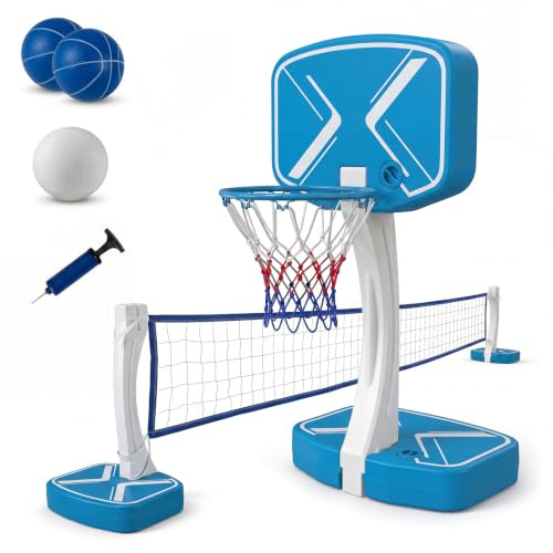 COSTWAY Filet de Volley et Panier de Basket 2 en 1 pour Piscine | Jeu Piscine avec Base Remplissable, 2 Ballons de Basket, Ballon et Filet de Volley-Ball, Pompe, pour Enfants et Adultes