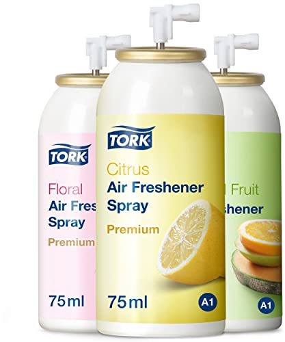 Tork 236056 Air Freshener Spray A1 Set of 3 x 4 / Refills Compatible with A1 Air Freshener System/Premium Room Freshener/Mixed Fragrances: Citrus, Tropcial Fruit, Floral