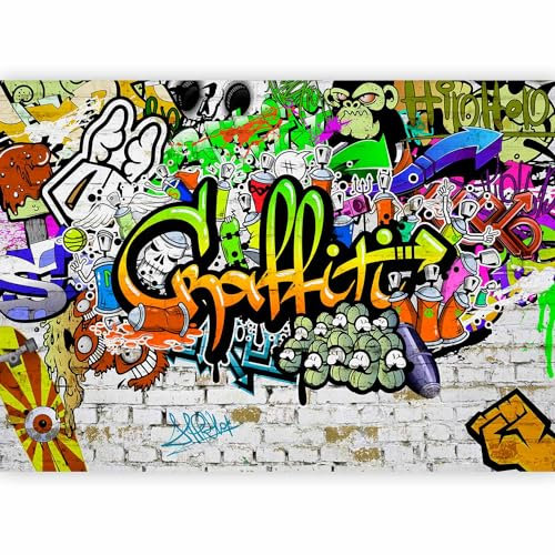 Papier peint murando panoramique artistique 400x280 cm - Revêtement mural décoration chambre salon - Design moderne - Gris marron jaune - Artistique graffiti coloré mural urbain f-A-0348-a-d