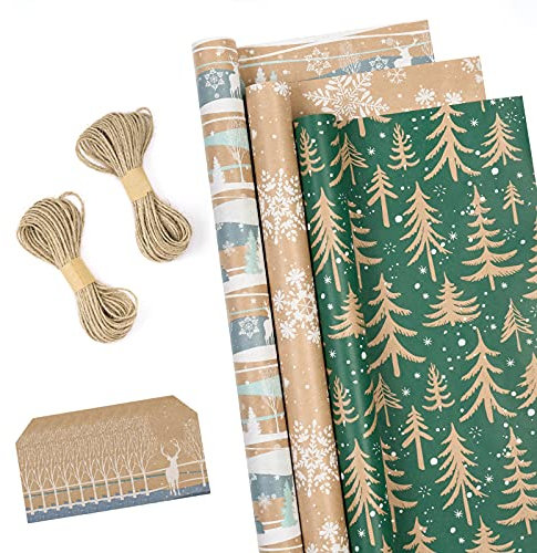 RUSPEPA Weihnachtspapierpapierrollen Mit Etiketten, Juteschnur - 43 cm X 3 Meter Pro Rolle, Insgesamt 3 Rollen