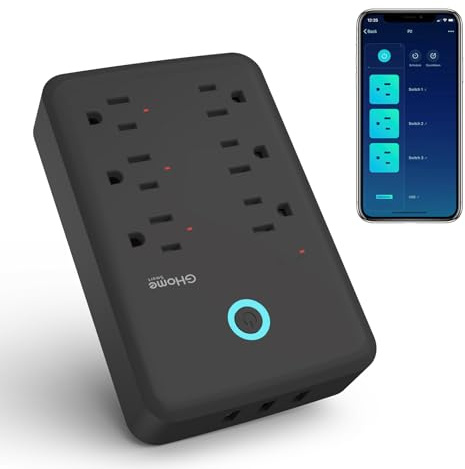 GHome Smart Plug Outlet Extender, Smart Power Strip Surge Protector with 3 Individually Controlled WiFi Outlets and 3 USB Ports, Smart Plugs That Works with Alexa Google Home, 15A/1800W, Black