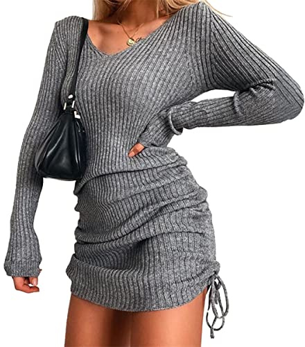 Onsoyours Robe Pull Femme Col Rond Chic Robe Moulante en Tricoté Tricot Manches Longues Tunique Robe Au Crayon Sweater Casual Mini Robe avec Cordon De Serrage C Gris S