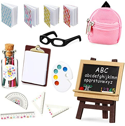 14 Stück Puppenschulbedarf Mini Puppe Rucksack Brille Tafel Palette Miniaturbücher Papier Klemmbrett Bleistift Puppen Lineale Puppenzubehör (Schicker Stil)