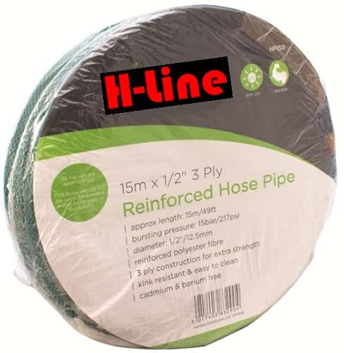 H-LINE 15M x 1/2 Green Garden Hose Pipe Reinforced PVC Watering Outdoor Hosepipe Reel