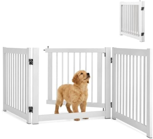 Maxmass Dog Gate Pet Fence (3 Panels: 207x61cm, White) | Wooden Dog Stair Gate Indoor, Folding Pet Barrier Baby Safety Gates for Stair Hallway Doorway, Freestanding Pet Gates