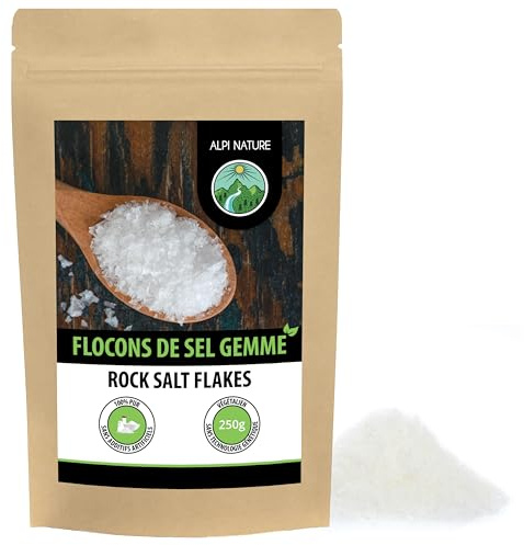 Alpi Nature Sal de Roca en Escamas 250g, Copos de Sal de Roca Natural para Cocinar 0.1-8 mm